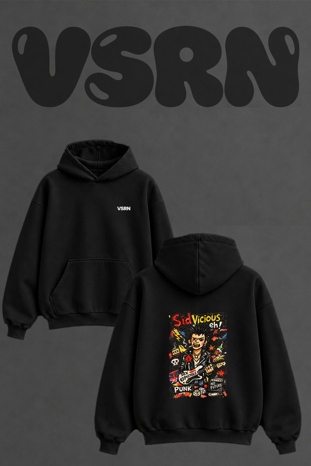 Sid Vicious Design Back Printed Oversize Black Hooded Sweatshirt