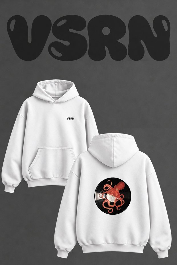 Octopus Vinyl Design Back Printed Oversize White Hooded Sweatshirt