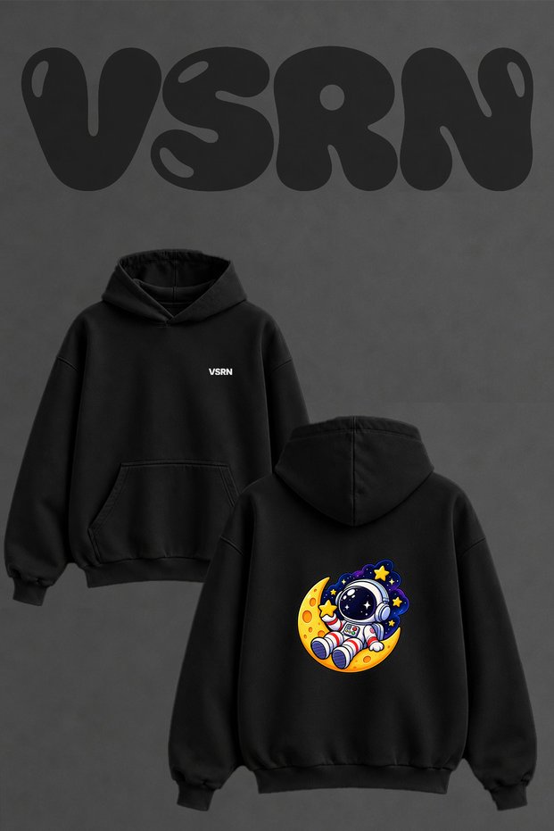 Astronaut Moon Design Back Printed Oversize Black Hooded Sweatshirt