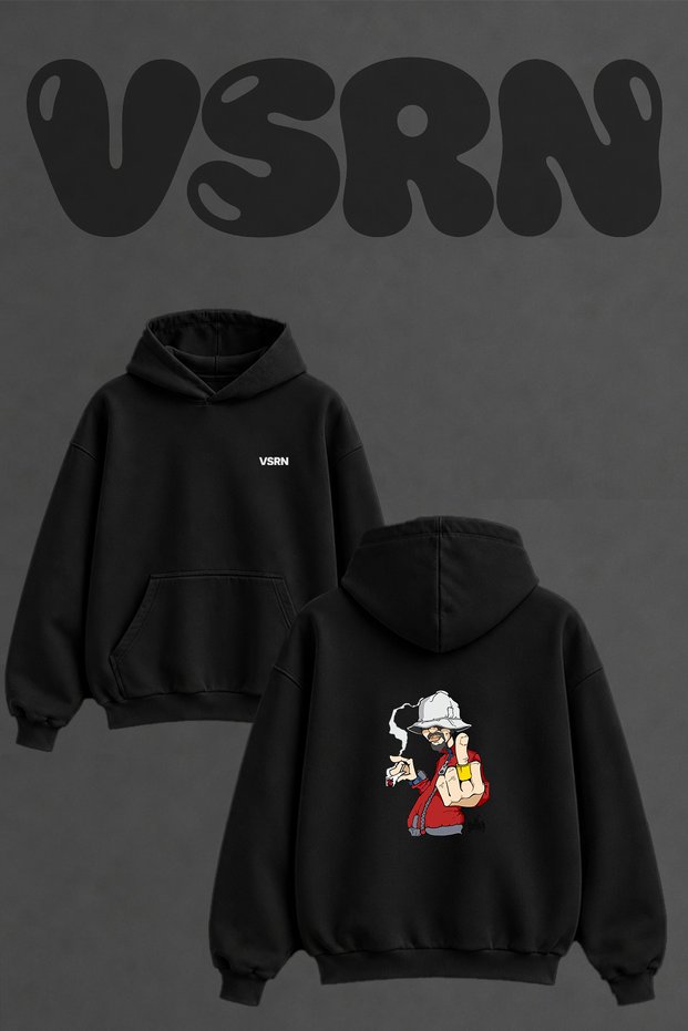 Hip Hop Character Design Back Printed Oversize Black Hooded Sweatshirt