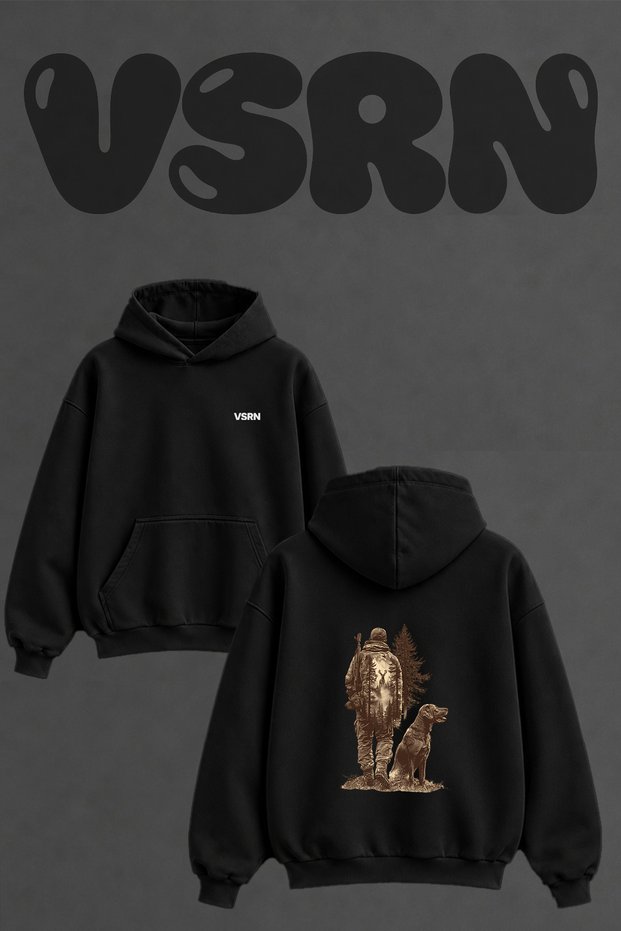 Hunter Deer Dog Design Back Printed Oversize Black Hooded Sweatshirt