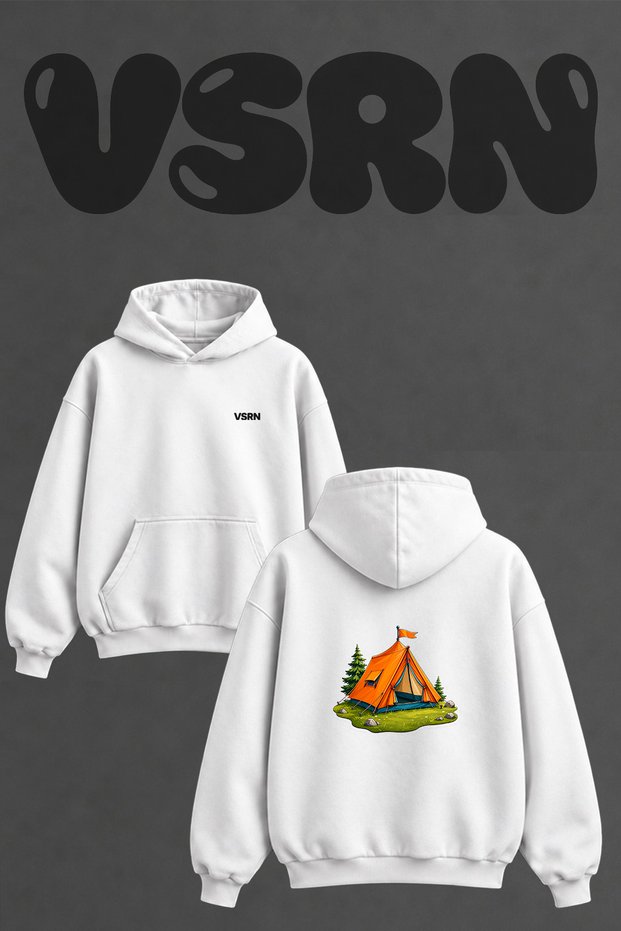 Camping Tent_1 Design Back Printed Oversize White Hooded Sweatshirt