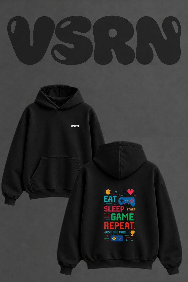 Retro Game Pixel Design Back Printed Oversize Black Hooded Sweatshirt