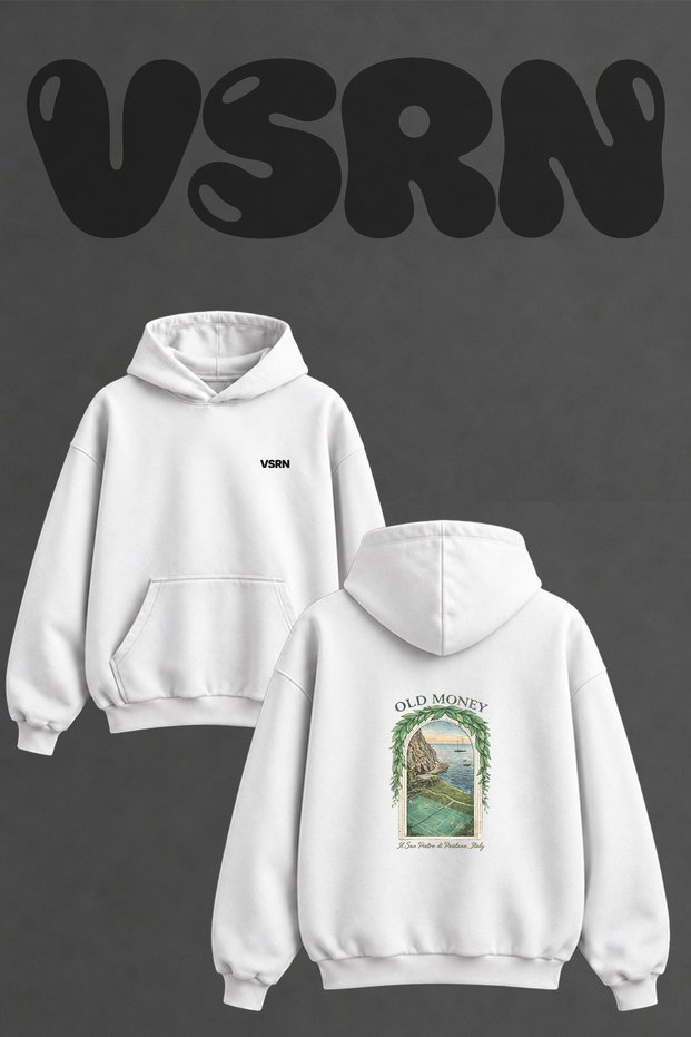 Old Money_1 Design Back Printed Oversize White Hooded Sweatshirt