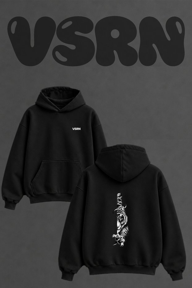 Tiger Katana Design Back Printed Oversize Black Hooded Sweatshirt