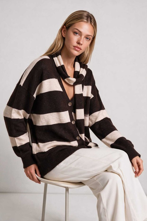 Scarf with Glitter Stripes Oversized Knitwear Cardigan Lyy0155 Brown Bone
