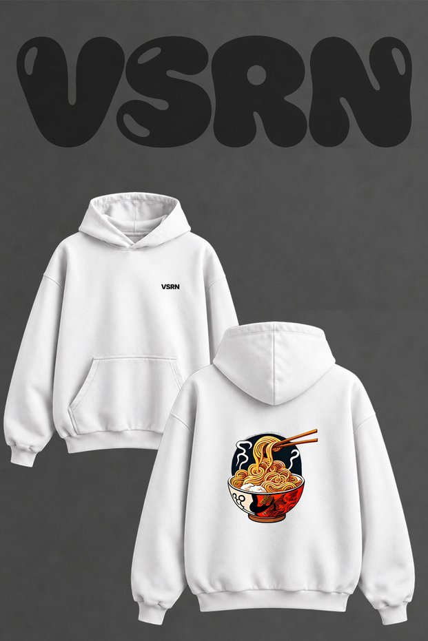 Ramen Noodle_1 Design Back Printed Oversize White Hooded Sweatshirt