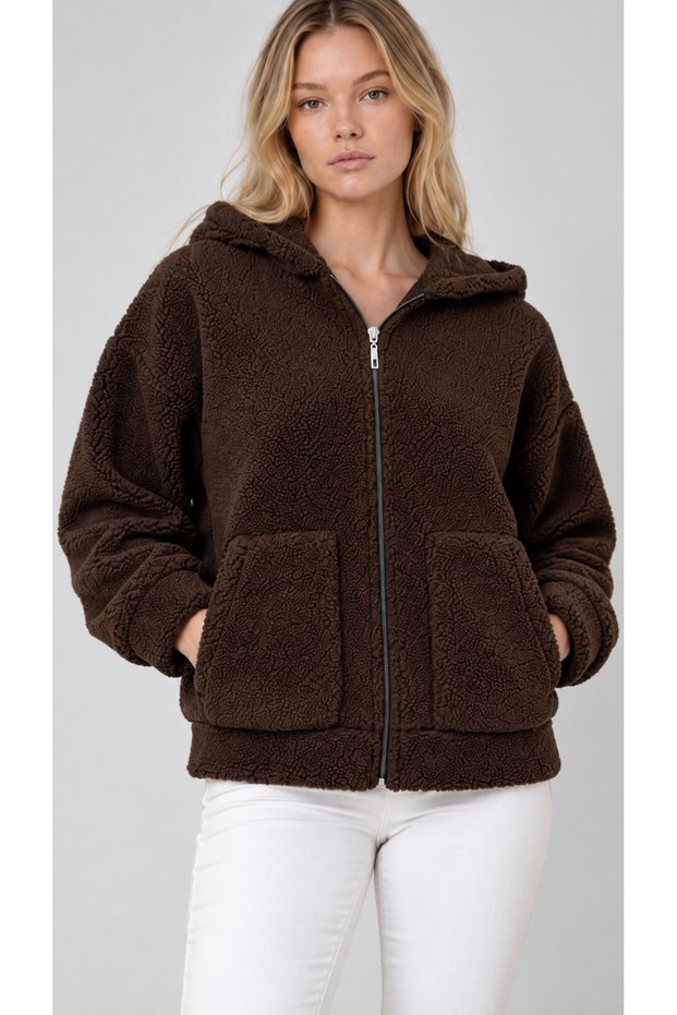Women's Hooded Zippered Fleece Bomber Jacket