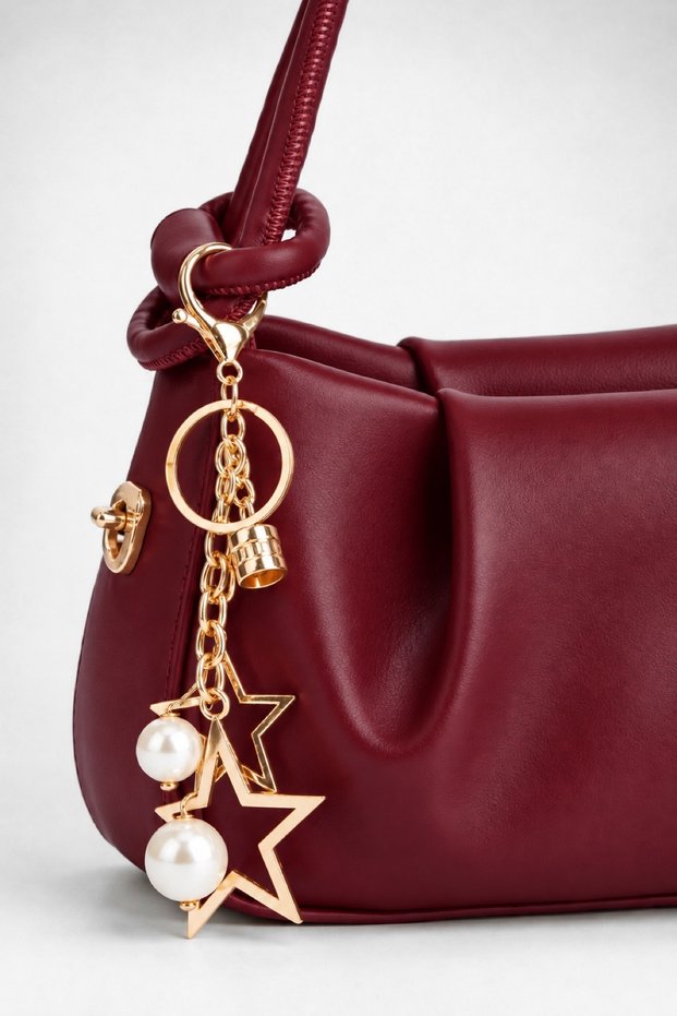 Women's Jasmine Burgundy Faux Leather Drawstring Knot Handle Mini Hand and Shoulder Bag with Star Accessories