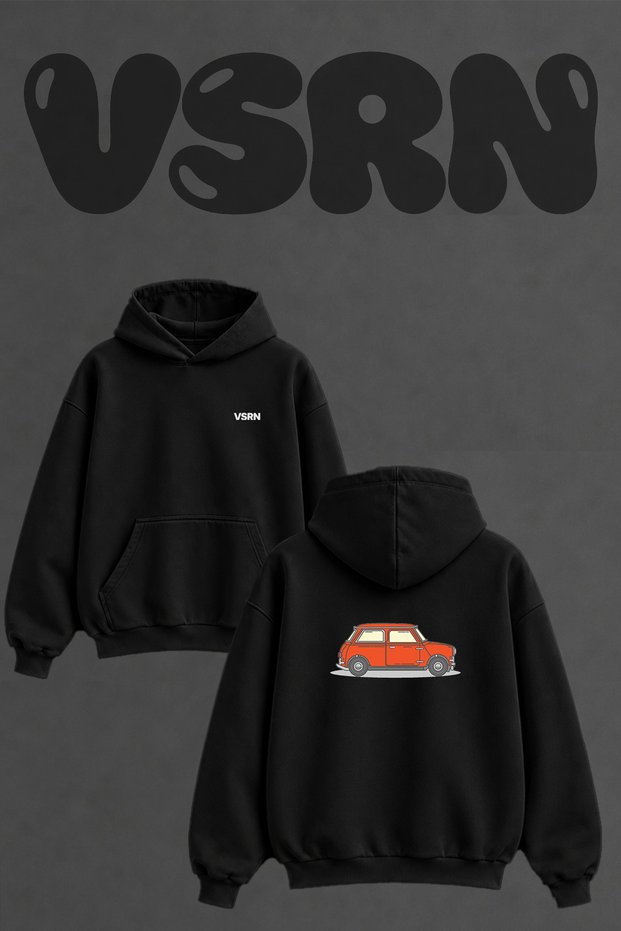 Red Retro Car Design Back Printed Oversize Black Hooded Sweatshirt