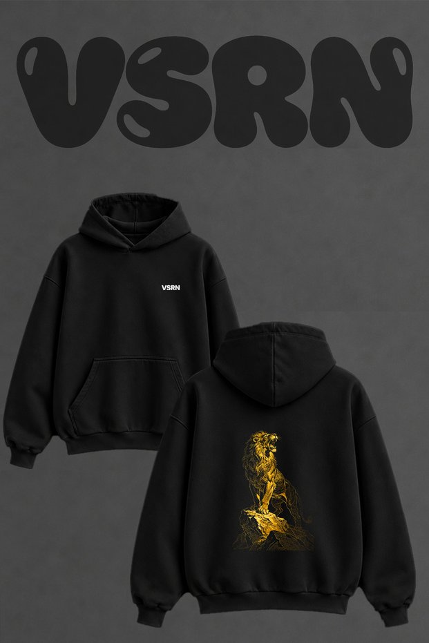 Golden Lion_1 Design Back Printed Oversize Black Hooded Sweatshirt