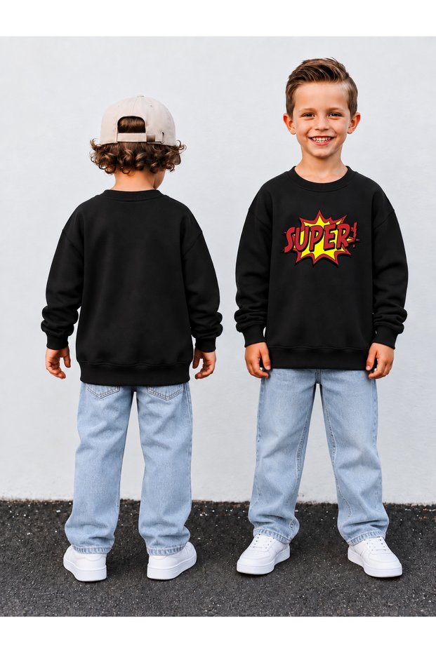 Boy's Crew Neck Sweatshirt Printed 3 Yarn Threaded Winter Comfortable Fit Cotton Sweatshirt