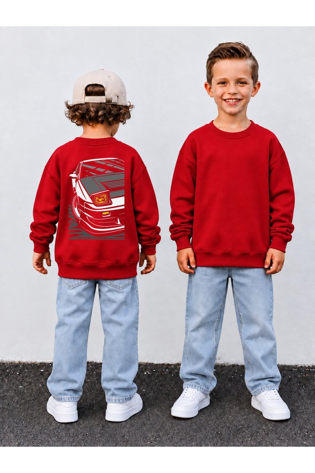 Boy's Crew Neck Sweatshirt Printed 3 Yarn Threaded Winter Comfortable Fit Cotton Sweatshirt