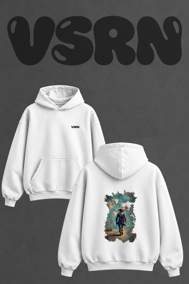 Pirate Map Design Back Printed Oversize White Hooded Sweatshirt