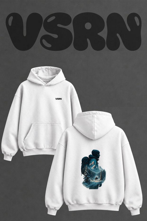 Karli Dag Atli Design Back Printed Oversize White Hooded Sweatshirt