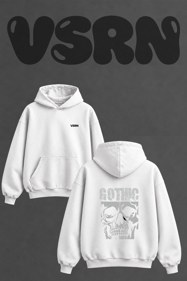 Gothic Skull Design Back Printed Oversize White Hooded Sweatshirt