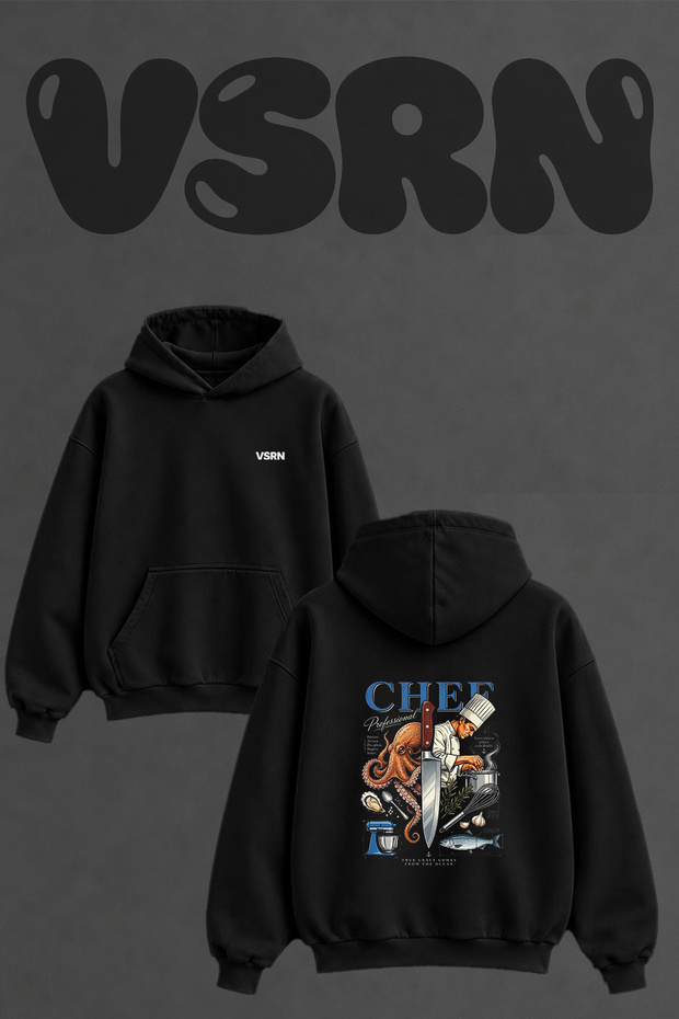 Chef Octopus Knife Design Back Print Oversize Black Hooded Sweatshirt