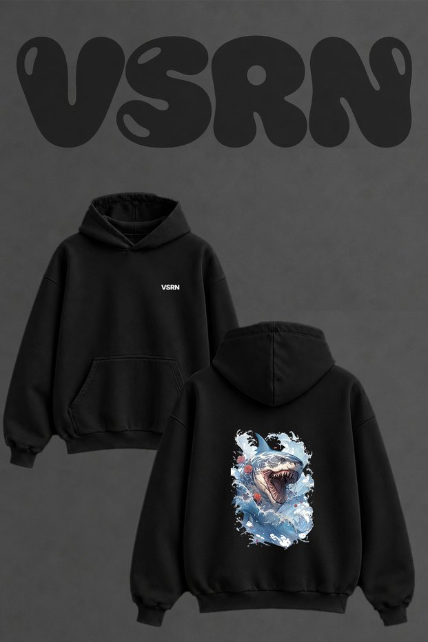 Shark Rose Design Back Printed Oversize Black Hooded Sweatshirt