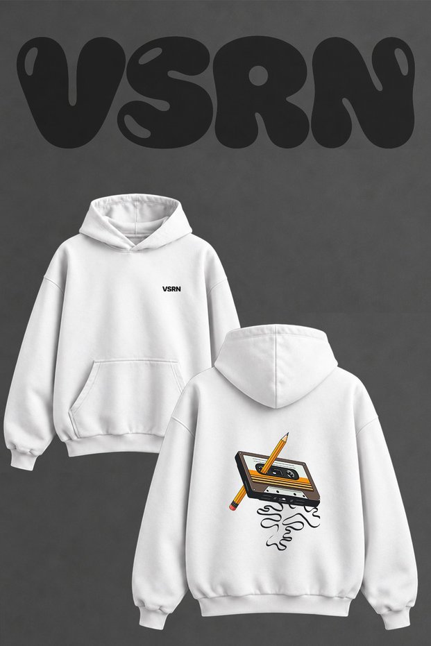 Kaset Kalem Design Back Printed Oversize White Hooded Sweatshirt