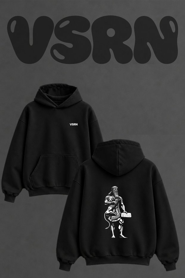 Assyrian God Design Back Printed Oversize Black Hooded Sweatshirt