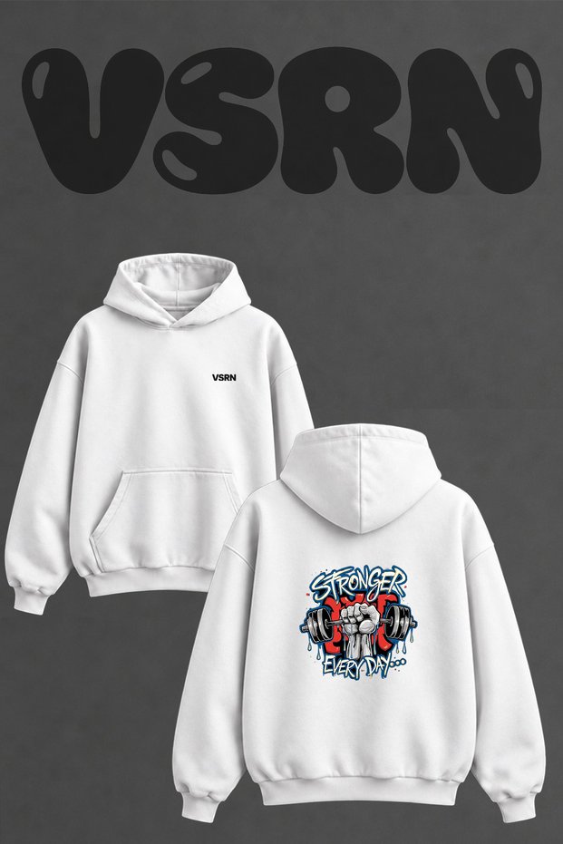 Dumbbell Fist Design Back Printed Oversize White Hooded Sweatshirt