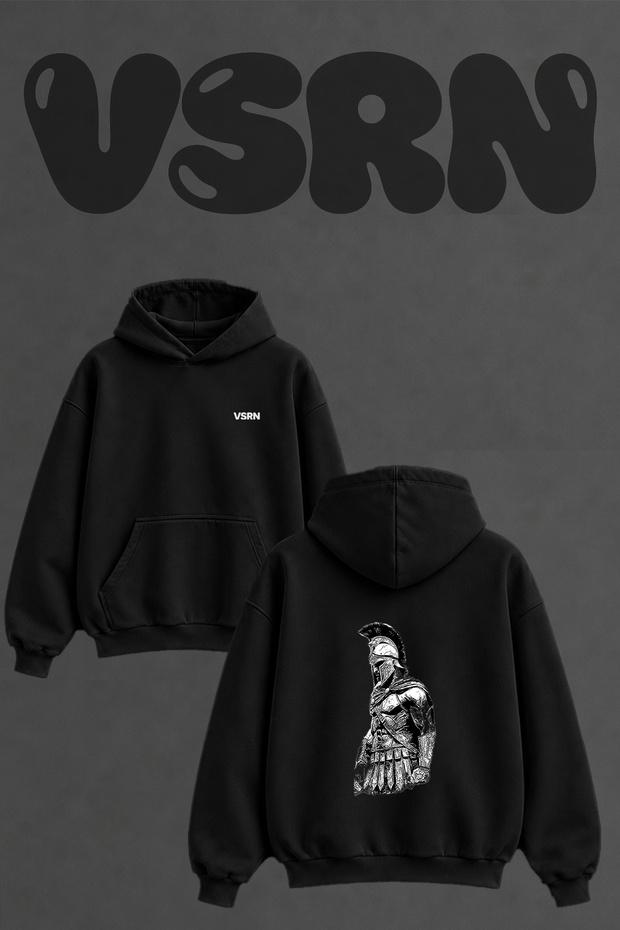 Spartan Savasci Design Back Printed Oversize Black Hooded Sweatshirt