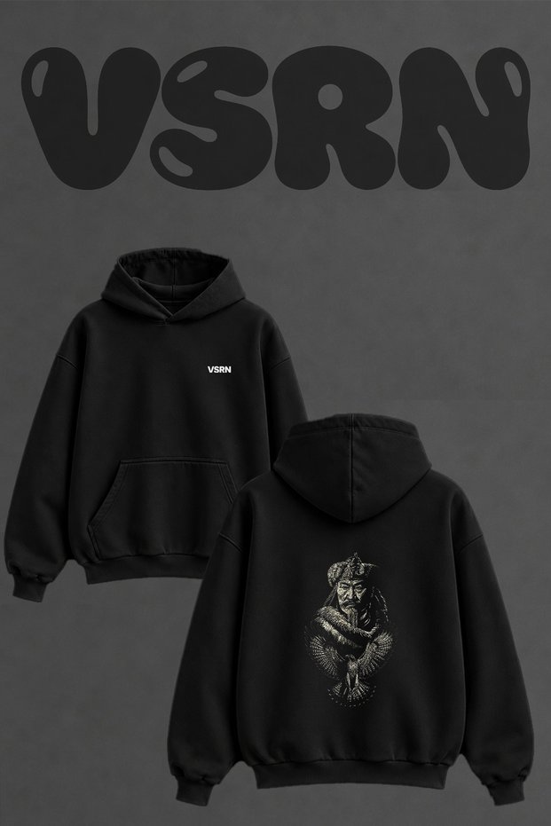 Genghis Khan Eagle Design Back Printed Oversize Black Hooded Sweatshirt
