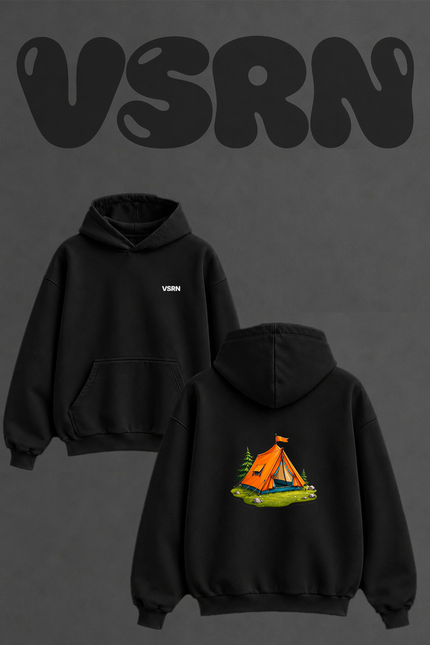 Camping Tent_1 Design Back Printed Oversize Black Hooded Sweatshirt