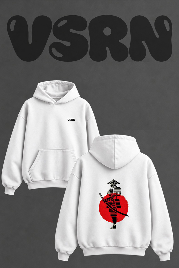 Samurai_1 Design Back Printed Oversize White Hooded Sweatshirt