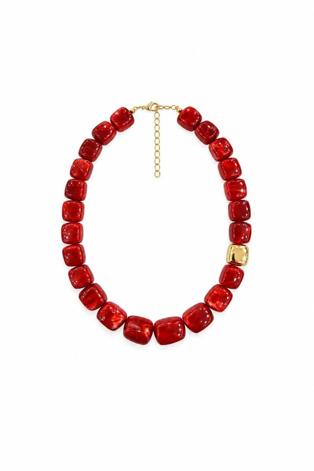 Marnie Gold Detailed Square Acrylic Bead Necklace - Burgundy