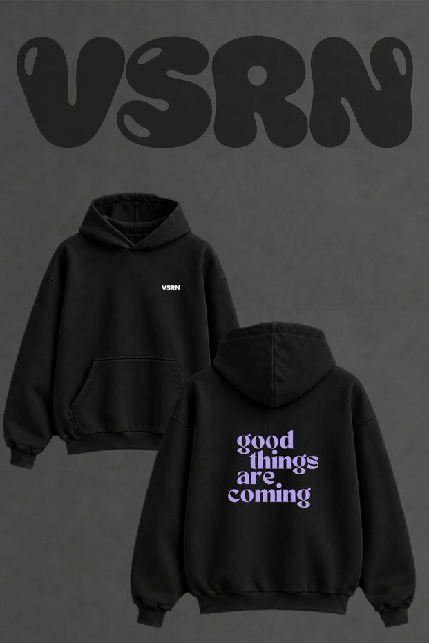 Good Things Coming Design Back Printed Oversize Black Hooded Sweatshirt