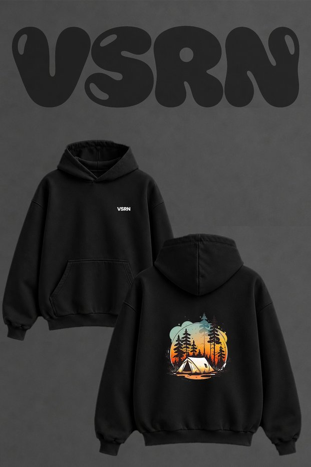 Kamp Cadir_1 Design Back Printed Oversize Black Hooded Sweatshirt