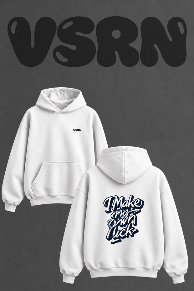Make Own Luck Design Back Printed Oversize White Hooded Sweatshirt