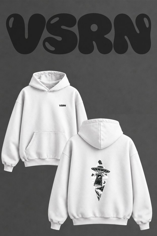 Ufo Abduction Design Back Printed Oversize White Hooded Sweatshirt