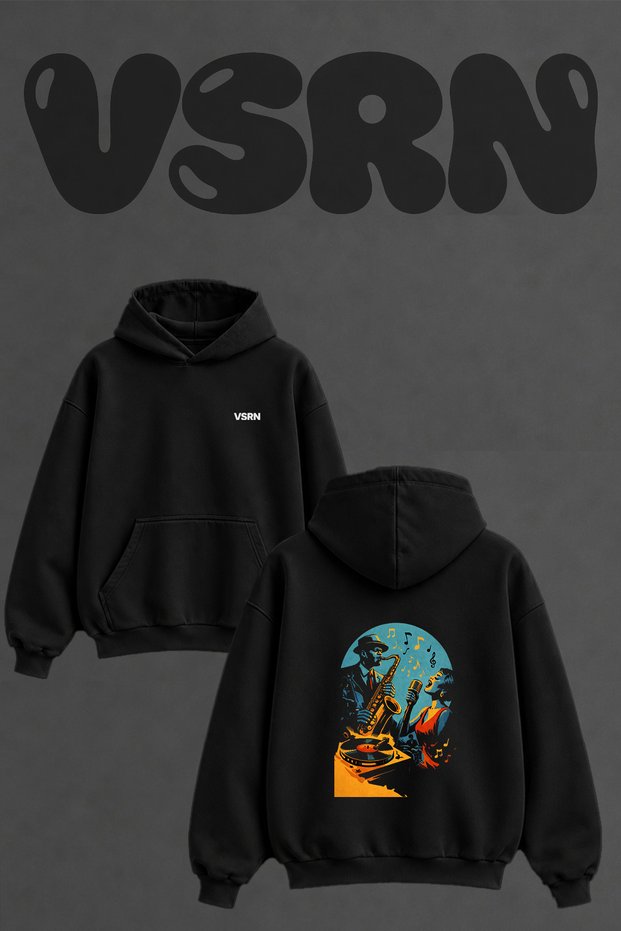 Retro Jazz Design Back Printed Oversize Black Hooded Sweatshirt