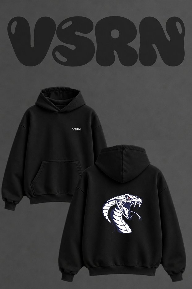 Vicious Cobra Design Back Printed Oversize Black Hooded Sweatshirt