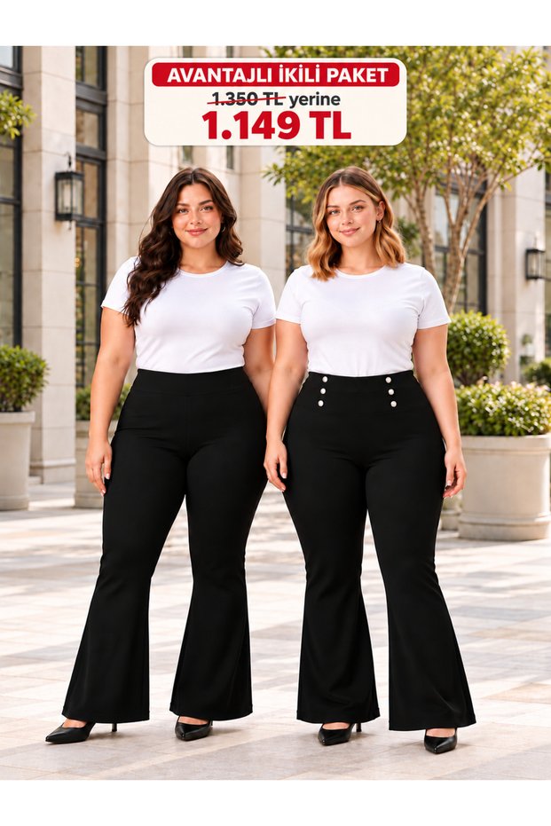 Women's Curve Plus Size High Waist Spanish Leg Black Pants Leggings 2-Pack – Plain and Button Detailed