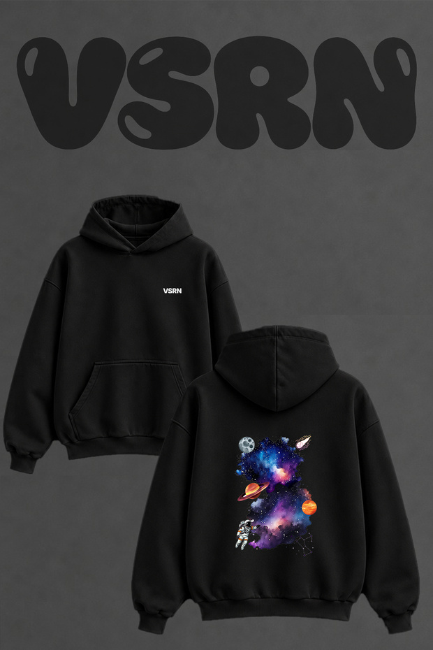 Astronaut Space Design Back Printed Oversize Black Hooded Sweatshirt