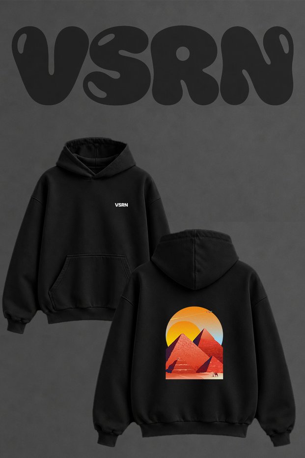 Egyptian Pyramids Design Back Printed Oversize Black Hooded Sweatshirt