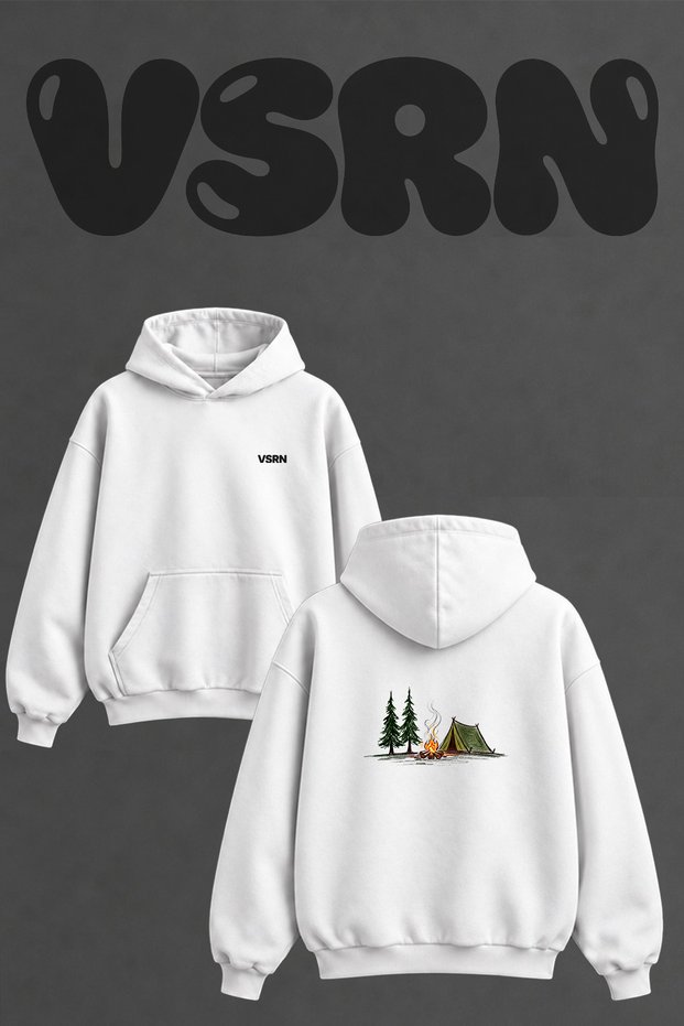 Campfire Cadir Design Back Printed Oversize White Hooded Sweatshirt