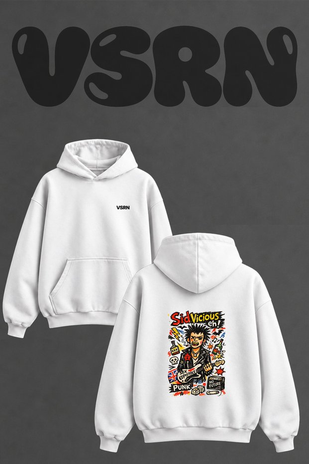 Sid Vicious Design Back Printed Oversize White Hooded Sweatshirt
