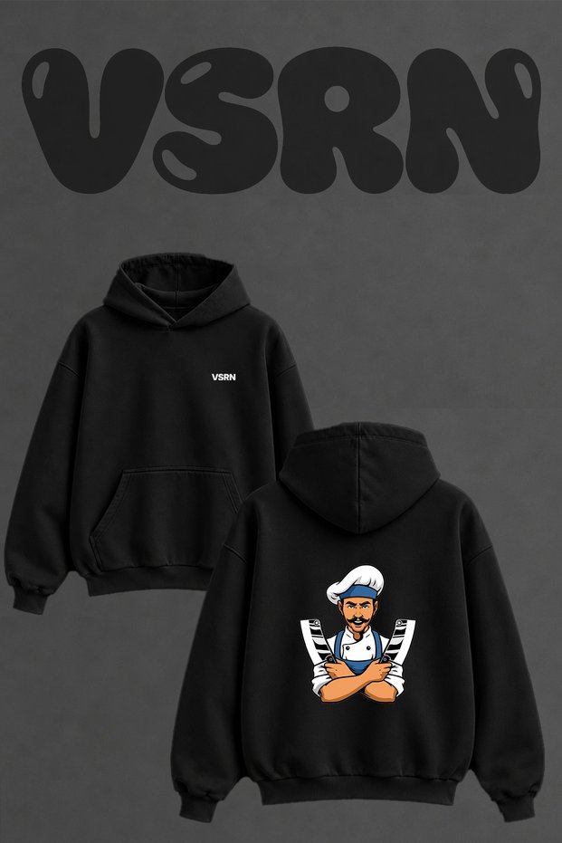 Sef Satir Design Back Printed Oversize Black Hooded Sweatshirt