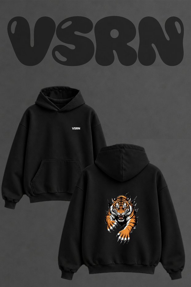 Roaring Tiger Design Back Print Oversize Black Hooded Sweatshirt