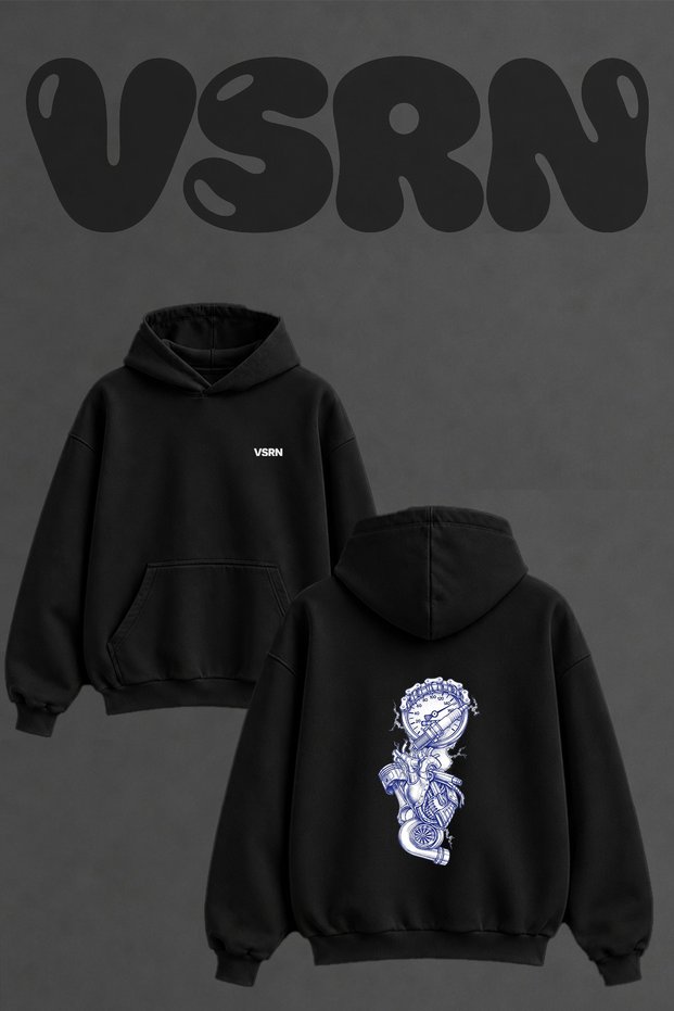 Motor Heart Design Back Printed Oversize Black Hooded Sweatshirt
