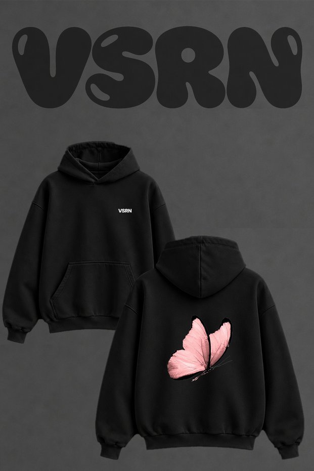 Pink Butterfly_2 Design Back Printed Oversize Black Hooded Sweatshirt
