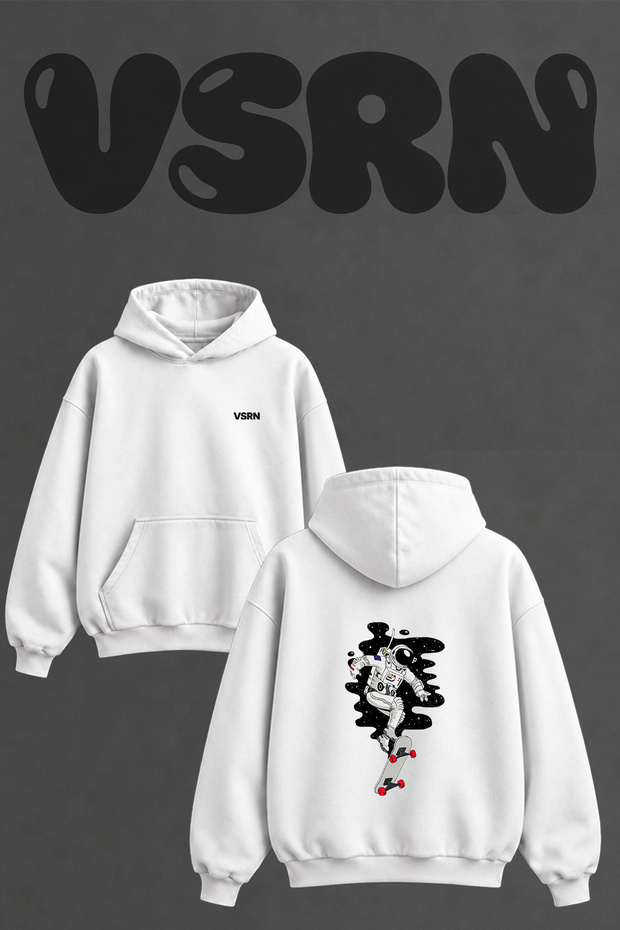 Astronaut Skateboard Design Back Printed Oversize White Hooded Sweatshirt