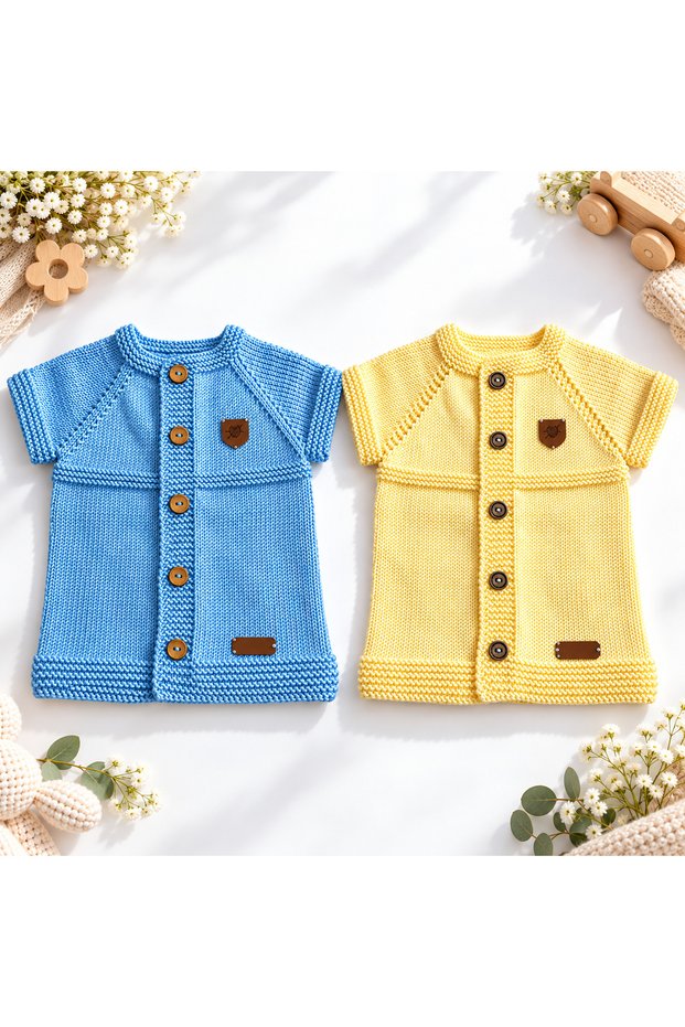 Hand Knitted Baby Vest Short Sleeve Buttoned Blue Yellow 6-24 Months Double Set / 2 Pieces
