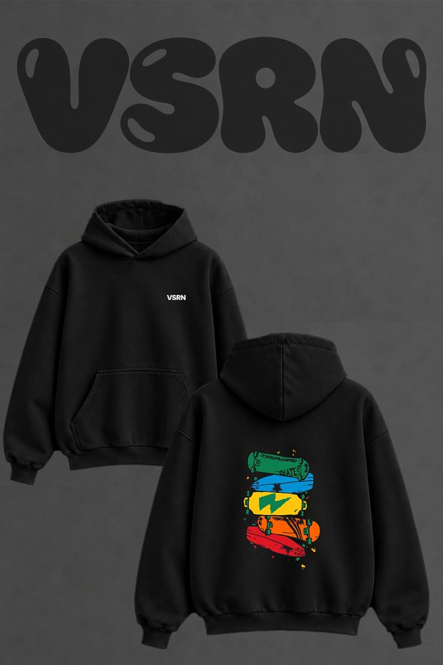 Skateboard Art Design Back Printed Oversize Black Hooded Sweatshirt