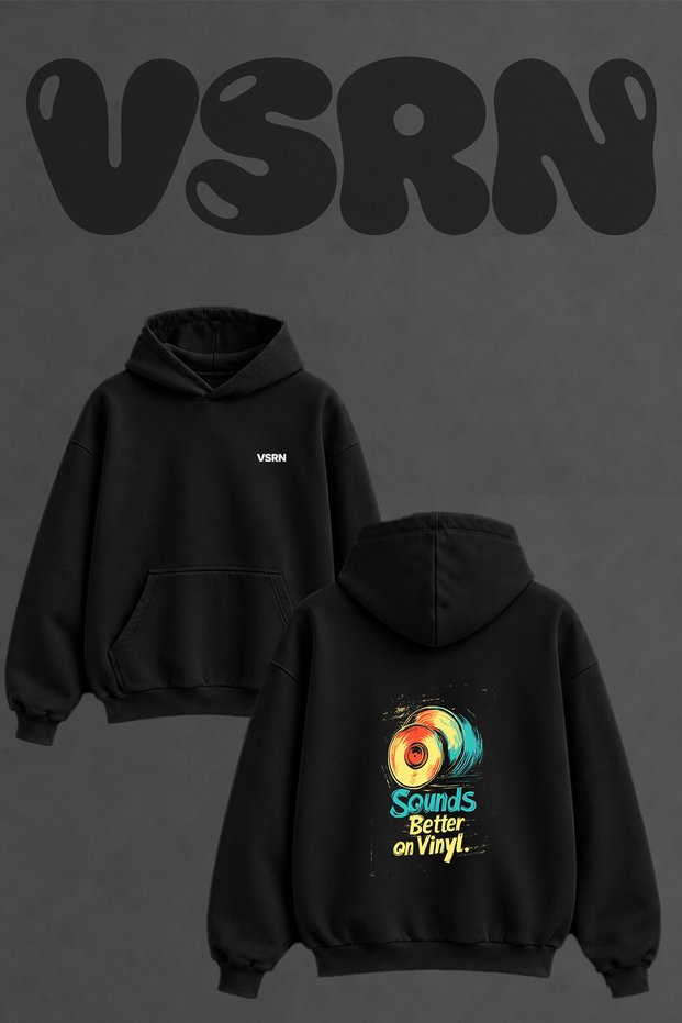 Retro Vinyl Design Back Printed Oversize Black Hooded Sweatshirt