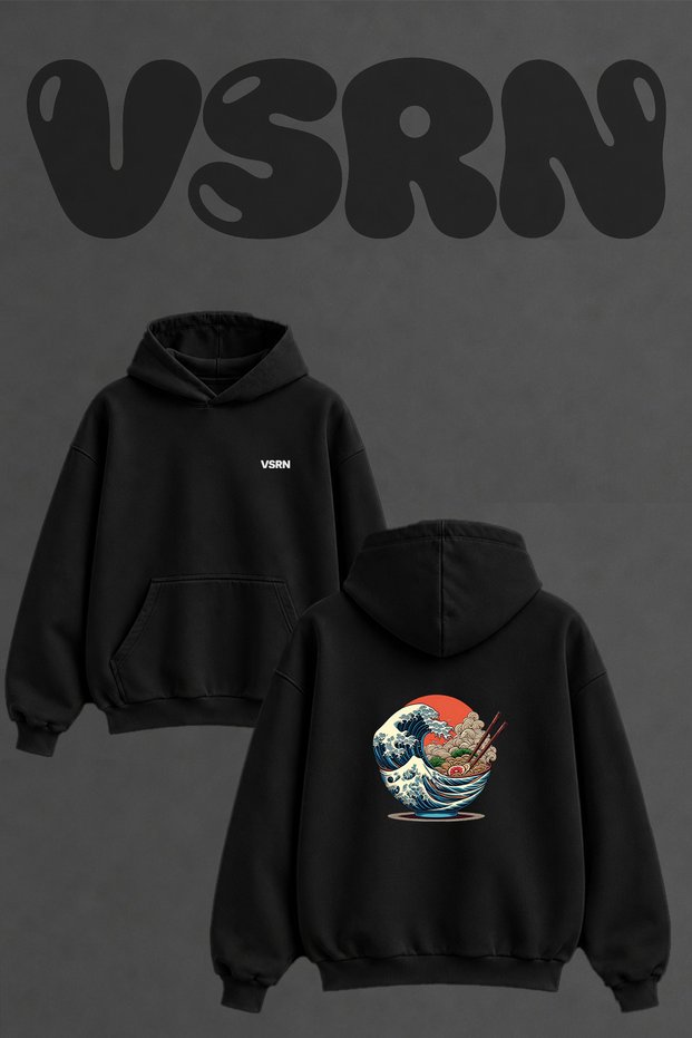Great Wave Ramen Design Back Printed Oversize Black Hooded Sweatshirt